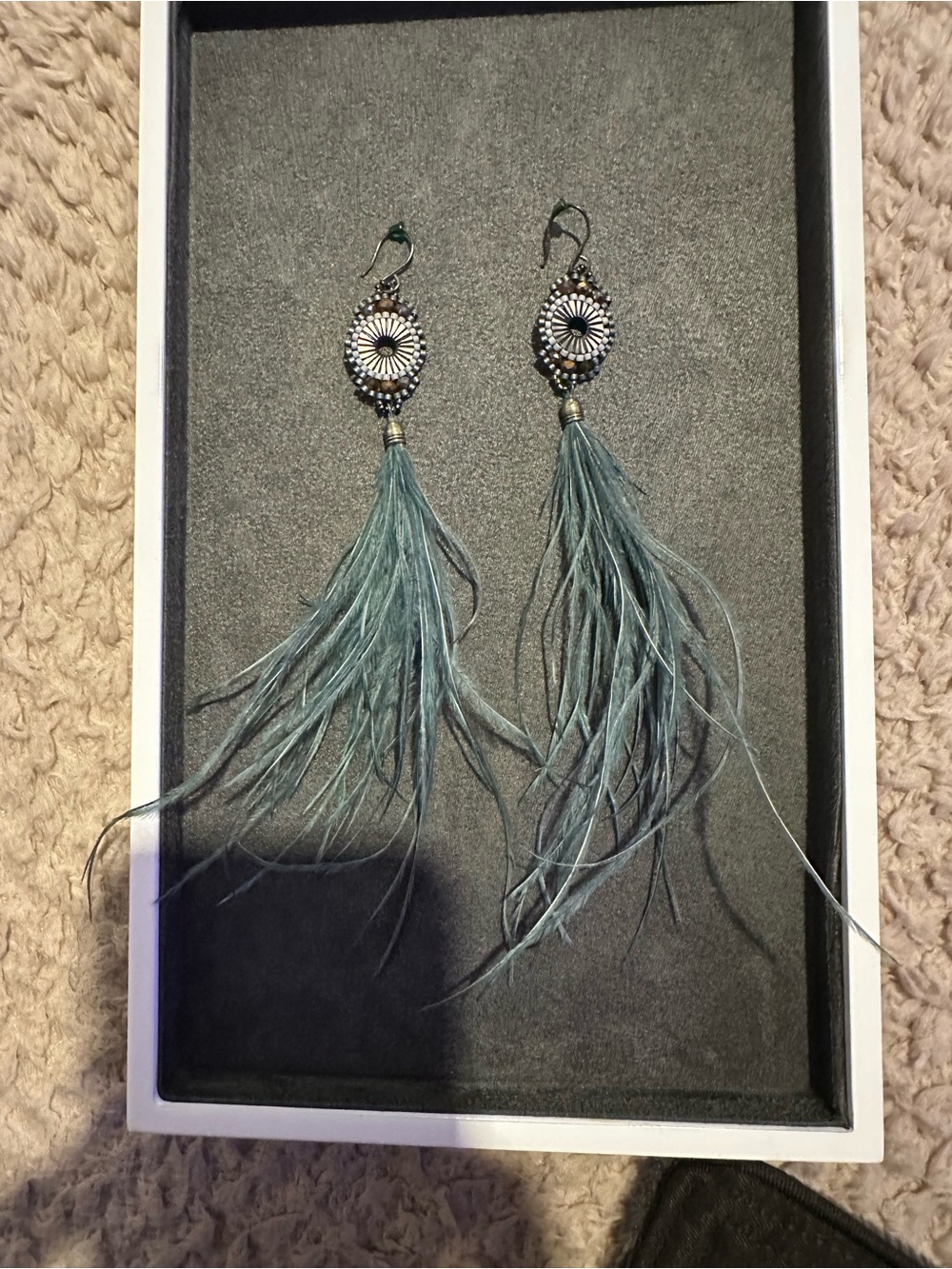 Anthropologie Seafoam Feather Tassel Drop Earrings